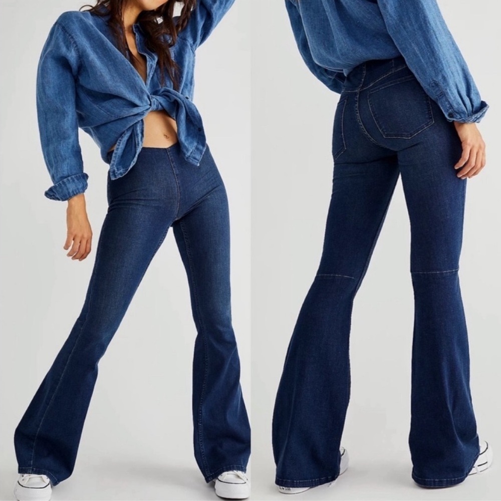 Free People Penny Boho Western Stretch Flare Bell Bottom Dark Wash Jeans Size 28